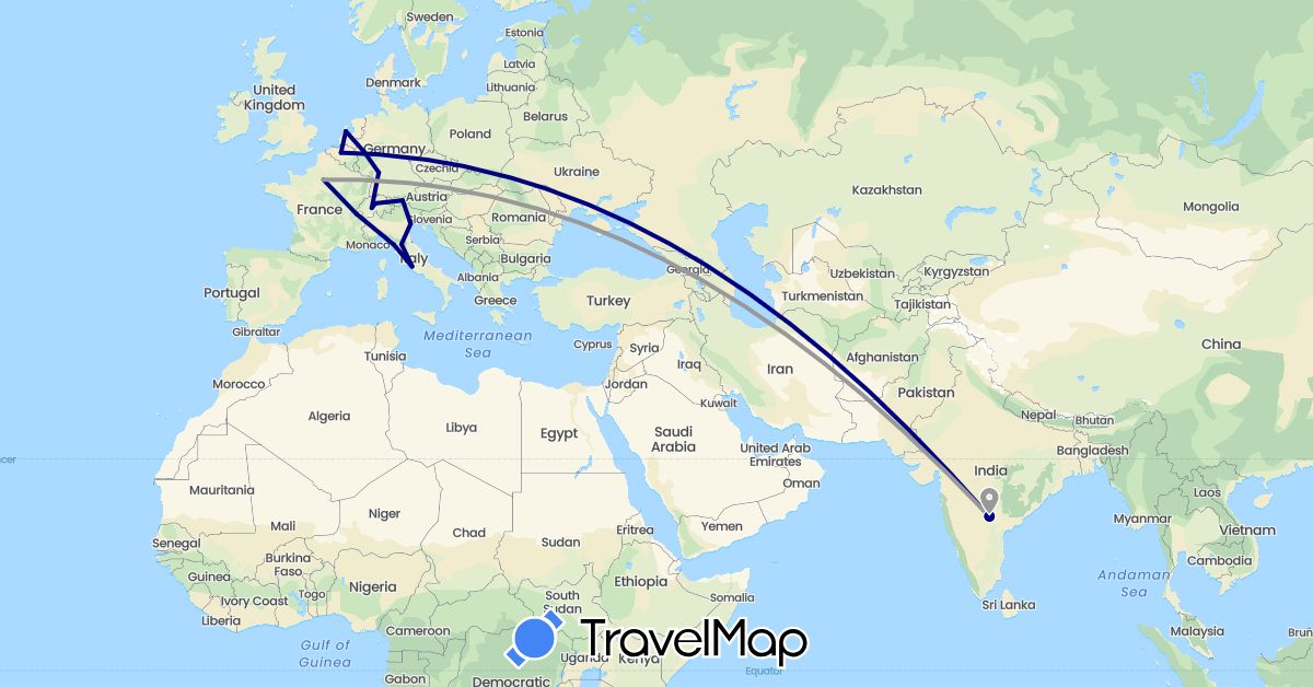 TravelMap itinerary: driving, plane in Austria, Belgium, Switzerland, Germany, France, India, Italy, Liechtenstein, Netherlands, Vatican City (Asia, Europe)